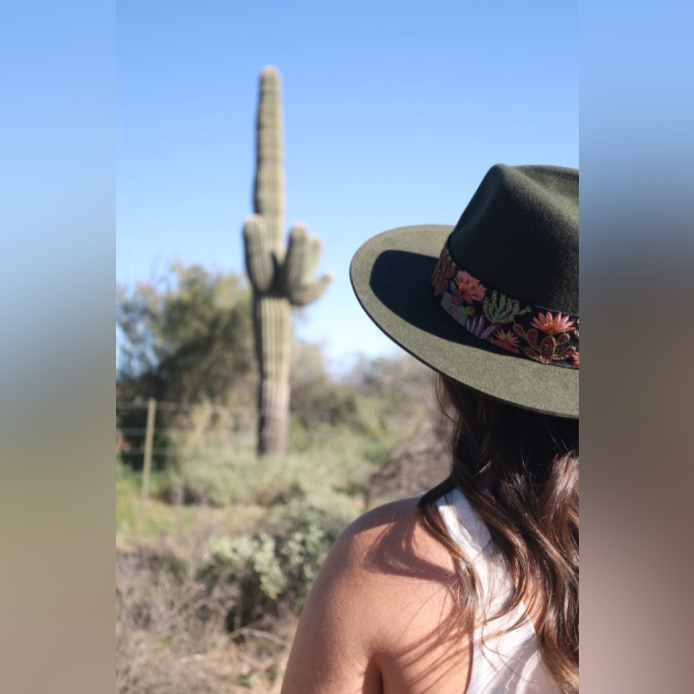 SOLD Green Wool Cowboy Hat – Western Felt Hat with Embroidered Cactus Band - Picture 3 of 9